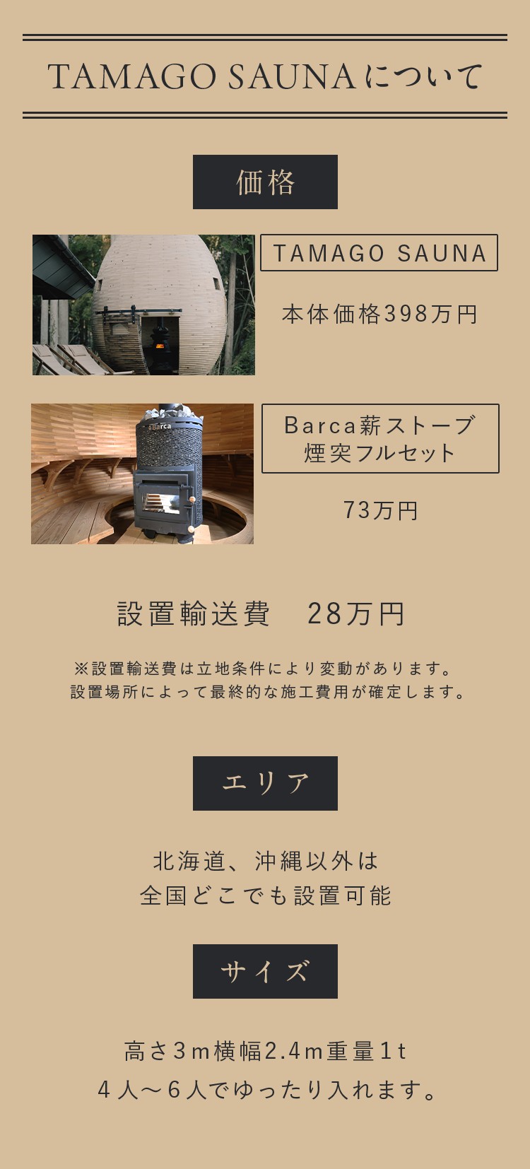 TAMAGO SAUNAについて。価格：本体価格398万円。薪ストーブフルセット73万円。設置輸送費28万円。エリア：北海道、沖縄以外は全国どこでも設置可能。サイズ：高さ3m横幅2.4m重量1t。4人から6人でゆったり入れます。